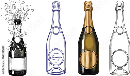 Hand-Drawn Champagne Bottles with Bubbly Splash and Different Label Designs for Party, Celebration, and Beverage Illustrations