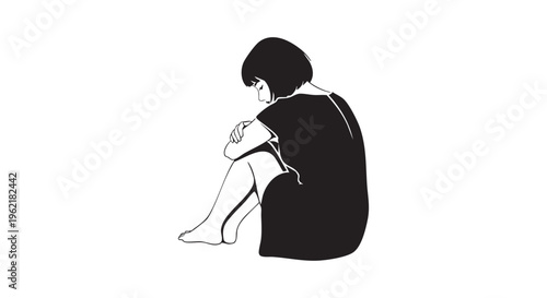 A person sitting alone in a contemplative or sad posture isolated on transparent background