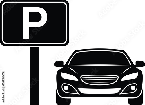 Parking zone illustration set, car and traffic icon with parking sign symbol representing transport and road theme - flat vector illustration