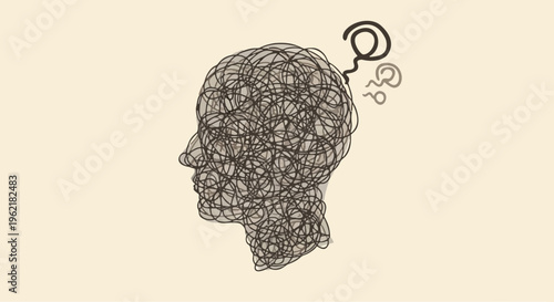Minimal illustration representing overthinking and mental stress using abstract tangled lines inside a human head.