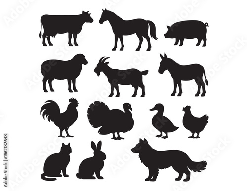 Photos Farm animal silhouette vector collection, domestic livestock and poultry icons, black barnyard animal graphics for agricultural designs