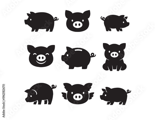 Cute pig vector icon set, adorable farm animal silhouettes, black swine illustrations, playful piglet graphics for branding and design projects