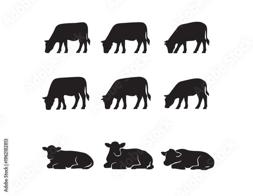 Cattle silhouette vector set, nine black cow and calf icons, farm animal collection for agriculture and ranch branding, livestock illustration pack