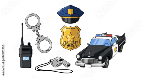 Collection of Police Equipment and Vehicle Icons Handcuffs, Radio, Whistle, Badge, and Classic Police Car