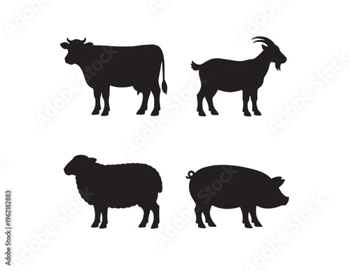 Farm animal silhouettes vector set, livestock collection, black cow, goat, sheep, and pig icons, agricultural graphic resources for branding and design