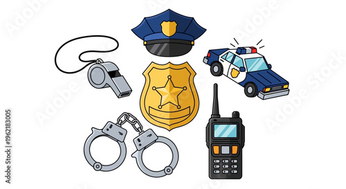 Collection of police equipment including a car, handcuffs, whistle, radio, and badge