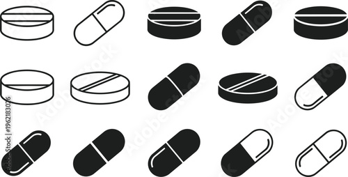 Pill and capsule icon collection with tablets and medicine silhouettes, pharmaceutical design artwork, healthcare symbol set, medical drug vector illustration