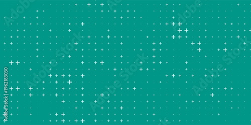 Seamless background pattern of evenly spaced white plus symbols of different sizes and opacity. Vector illustration on teal background with stars