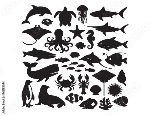 Oceanic marine life vector silhouette collection, diverse sea creatures and aquatic animals, black graphic elements for nature and wildlife designs, underwater world illustration set