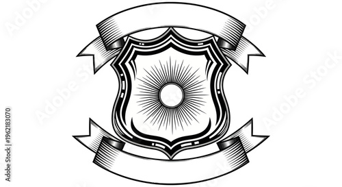 Emblematic sunburst shield with ribbon banners, representing protection, prestige, and achievement in a heraldic design