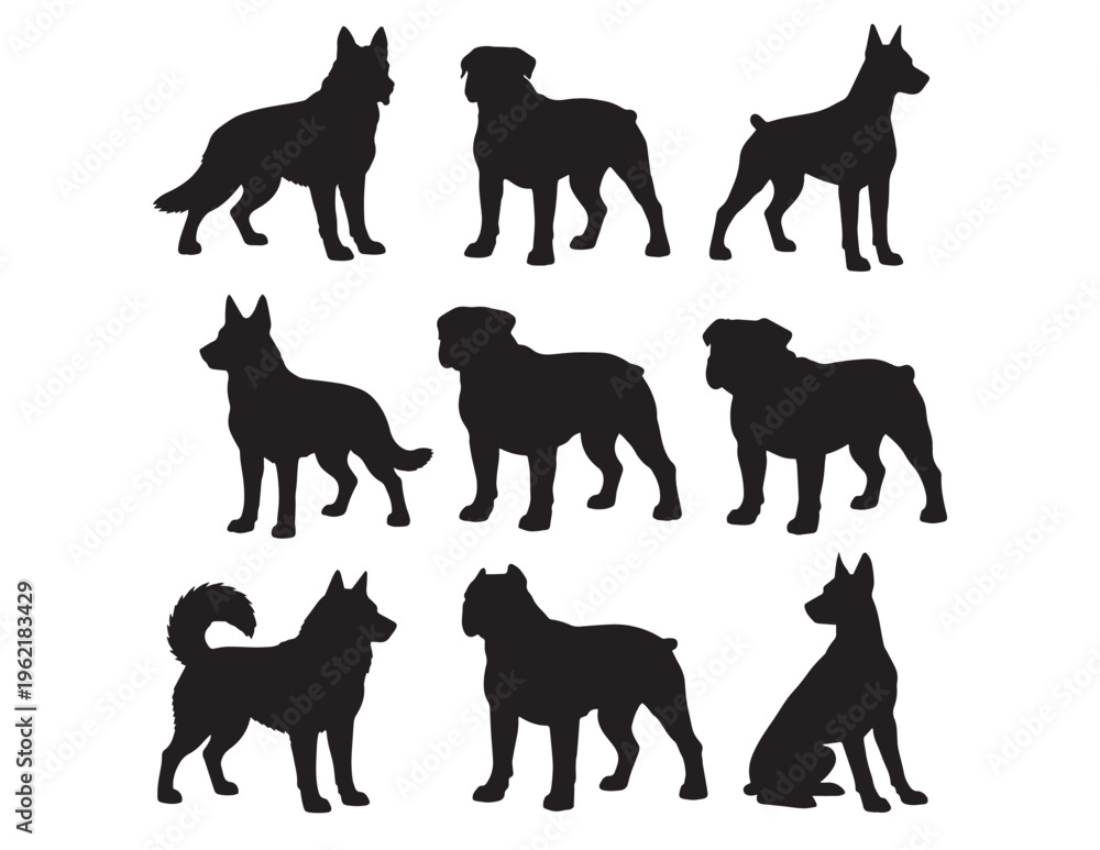 Obraz premium Dog breed silhouettes, a collection of nine distinct canine profiles, black vector animal shapes for pet-related designs, logos, and educational materials