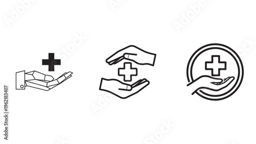 Medical Care and Insurance Coverage Icon Set with Hands Cross Shield and Protection Concepts