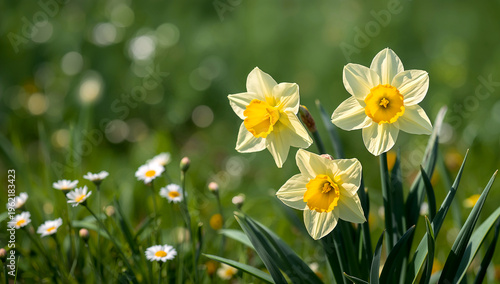 Three vibrant yellow and white daffodils bloom gracefully in a sunlit spring meadow, showcasing their delicate petals and bright yellow trumpets amidst soft green foliage.