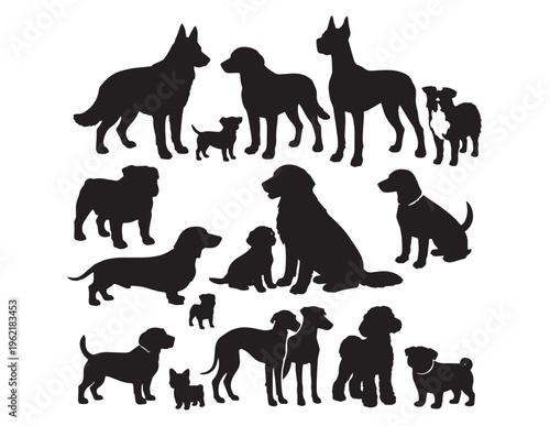 Diverse dog breed silhouettes, a comprehensive vector collection of canine shapes; pet animal outlines for graphic design, veterinary clinics, and pet care branding