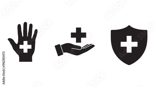 Healthcare Protection and Assistance Icon Set Featuring Hand Shield Cross and Safety Support Symbols