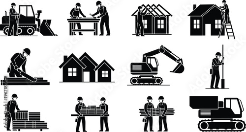 Black and white construction icon set, workers operating machinery, building house roof, cutting lumber, stacking materials, minimalist silhouettes, industrial vector illustrations.