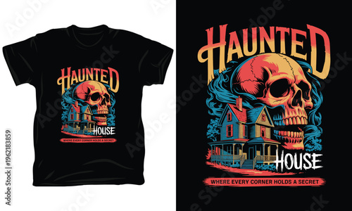 Haunted house with skull for t-shirt design, poster, and merchandise.