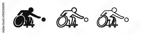 Disabled Boccia Player Icon Set. Wheelchair athlete playing ball, inclusive sport and rehabilitation symbol vector.