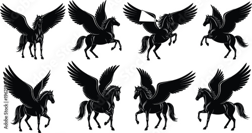 Elegant black Pegasus winged horse silhouettes in dynamic flying and running poses, mythical fantasy creatures with feathered wings, isolated vector design for creative artwork and decoration