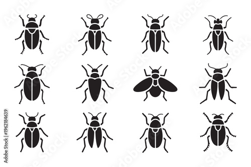 Set of various bug and beetle silhouettes illustration. collection of insect icons isolated on white background.
