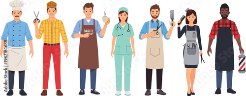Diverse Professional Occupations Set Featuring Cartoon Characters Like Chef Doctor Barista Hairdresser and Barber Holding Tools of Their Trade Isolated on White Background