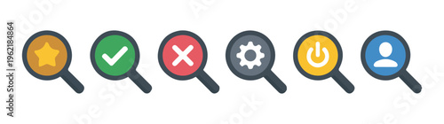 Magnifying glass set with various icons. collection of search tools with different symbols on white.