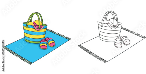 Summer Beach Bag with Flip Flops and Towel on Mat Vector Illustration, Colorful and Black and White Line Art Outline for Kids Coloring Book, Vacation and Leisure Accessories Set