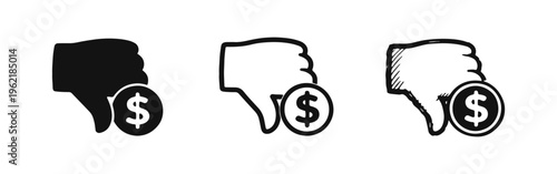 Thumbs Down Dollar Icon Set. Bad financial deal and cost disapproval symbol, negative money feedback vector.