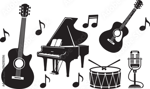 Music instruments, piano, guitar, microphone, drum, musical notes, black icons