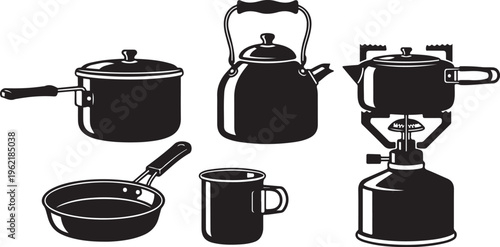 Black kitchen utensils, camping cookware, pots, pans, kettle, mug, vector icons