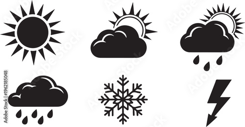 Weather icons, black vector set, 6 symbols, sunny, cloudy, rainy, snowy, stormy
