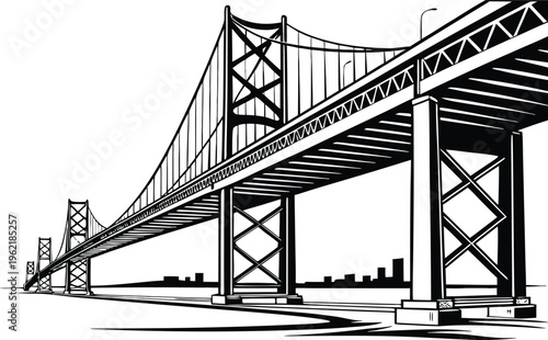 Modern Highway Bridge Infrastructure Scene. Long Highway Bridge Road Landscape. Urban Highway Bridge Transport View. Concrete Highway Bridge Engineering Concept. Scenic Highway Bridge Over Water.