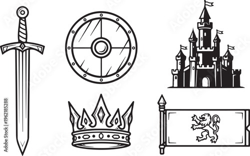 Medieval icons, royal symbols, castle crests, vintage heraldry elements, 5 black and white vector illustrations