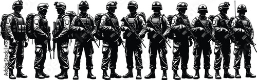 Large group of special forces soldiers silhouette vector illustration, military tactical army squad lineup design, cad drawing flat vector illustration