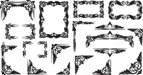 Ornate frame borders, black floral decorations, vector illustration set, 12 elements