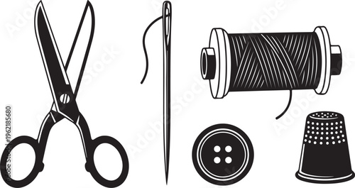 Sewing tools, black and white icons, vector graphics, sewing kit, craft supplies