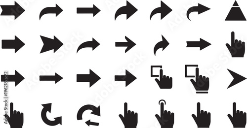 Cursor, arrow, and hand icons, black vector symbols, navigation pointers, web interface elements