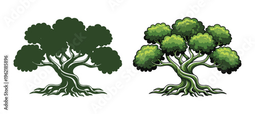 Two styles of vector tree illustration, silhouette and colored on transparent background.