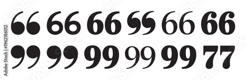 Black quotation marks icon set in various serif and sans fonts isolated on white background for typography use.
