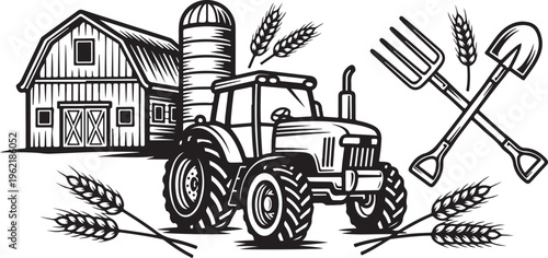 Farm tractor, agricultural tools, barn, wheat, black and white vector illustration