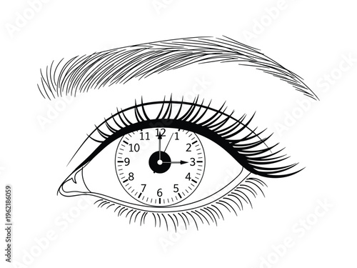 Vector illustration of human eye with clock dial in iris and eyebrow on top.