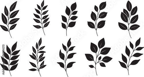 Black leaf icons, vector foliage set, leafy branch silhouettes, graphic elements