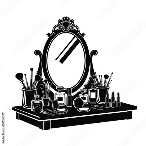 Black silhouette vector illustration of vintage dressing table with makeup items.