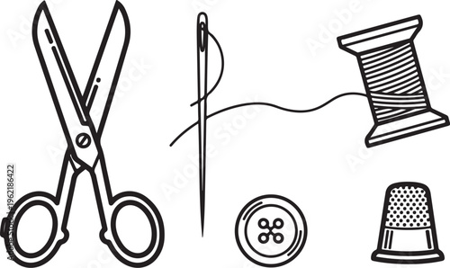 Sewing tools, black and white icons, scissors, thread, button, thimble, vector graphics