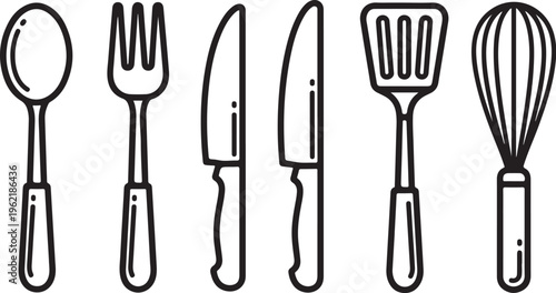 Kitchen Utensils Icons, Cooking Tools Vector Set, Black Line Drawing Cutlery, Dining Accessories