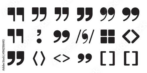 Set of unique quote symbols and various punctuation marks for design, vector graphic illustration elements.