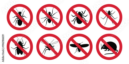 Set of eight pest control icons with a red circle and slash over black silhouettes of various insects and a mouse.