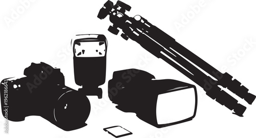Photography equipment, camera accessories, vector icons, black and white graphics