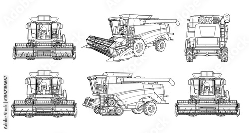 combine harvester vector blueprint in various perspectives for agricultural machinery.
