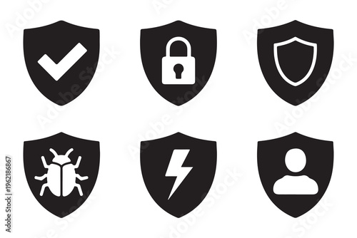 Set of six black shield icons representing security, protection, and different types of digital safety.